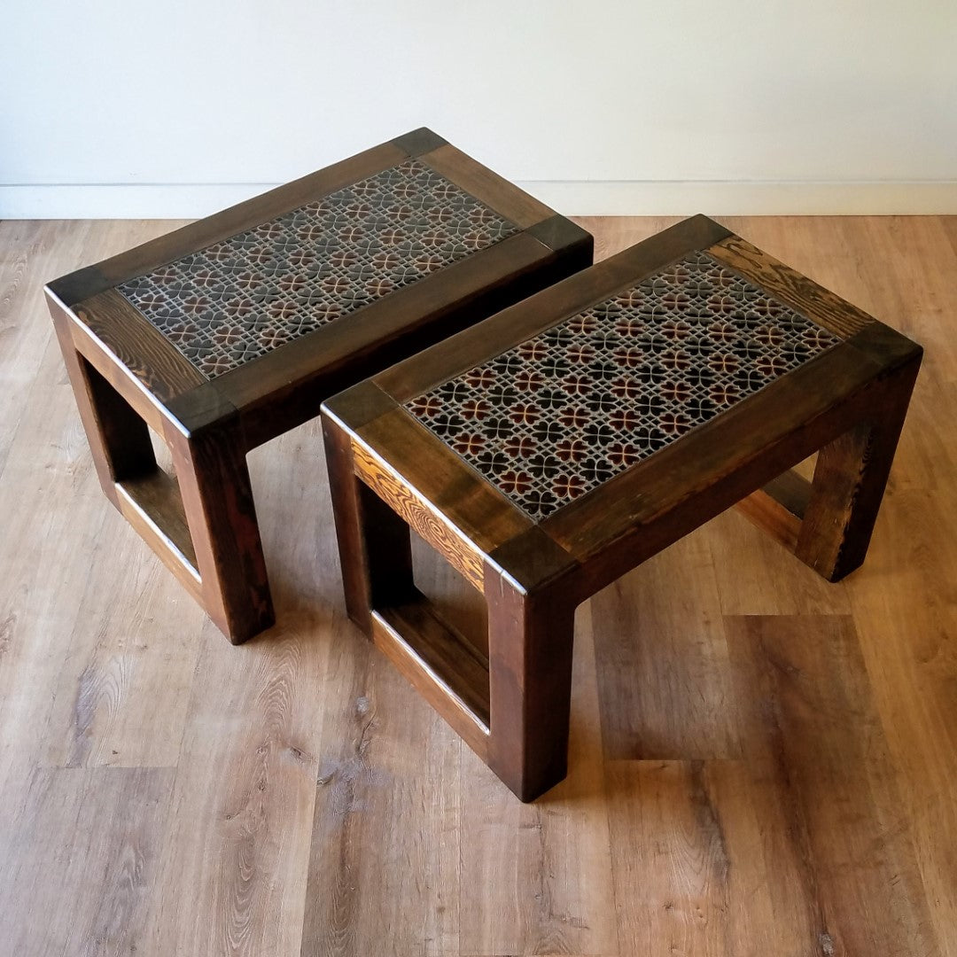 Oak and Tile Side Tables, Set of 2