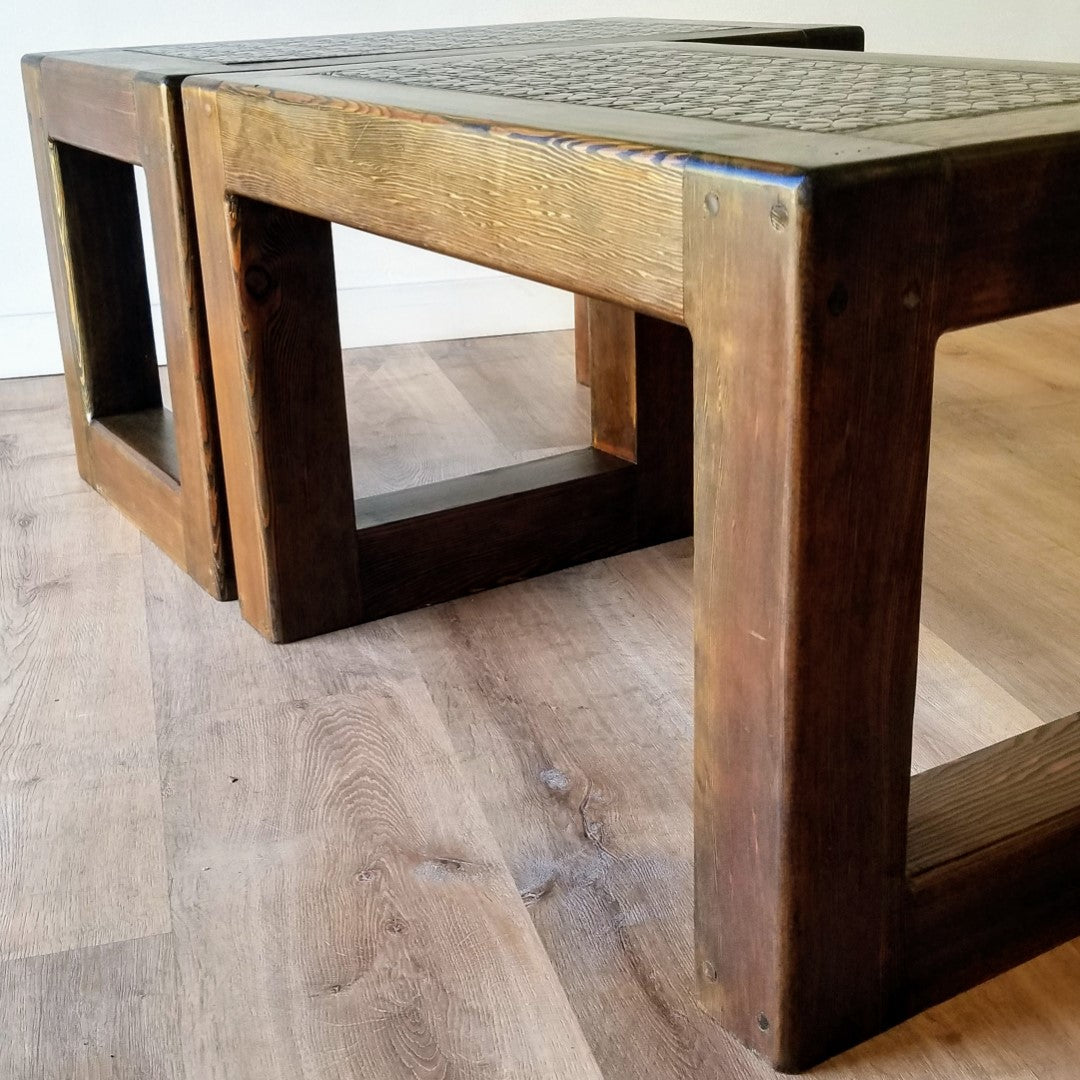 Oak and Tile Side Tables, Set of 2