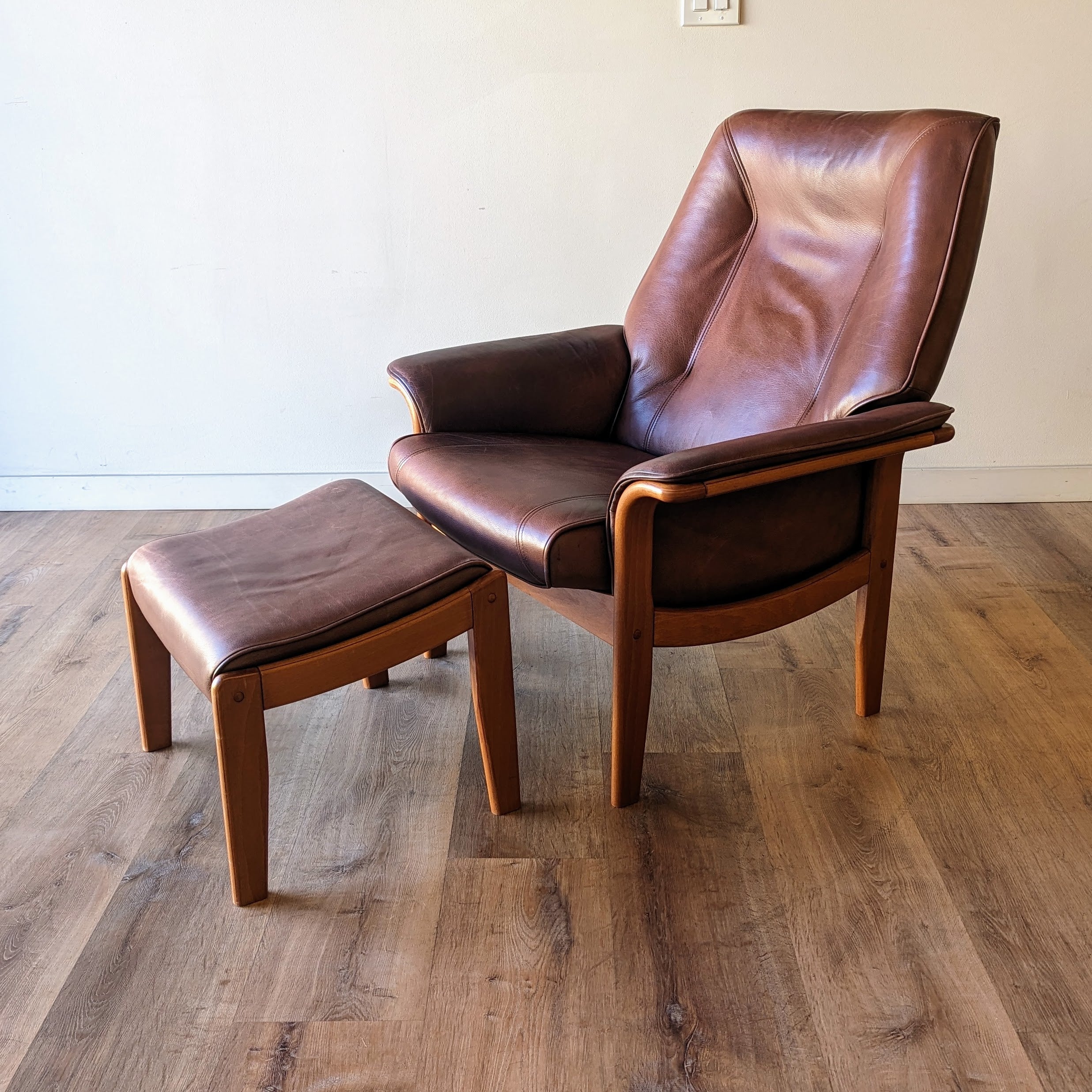 Danish Modern Leather Recliner + Ottoman