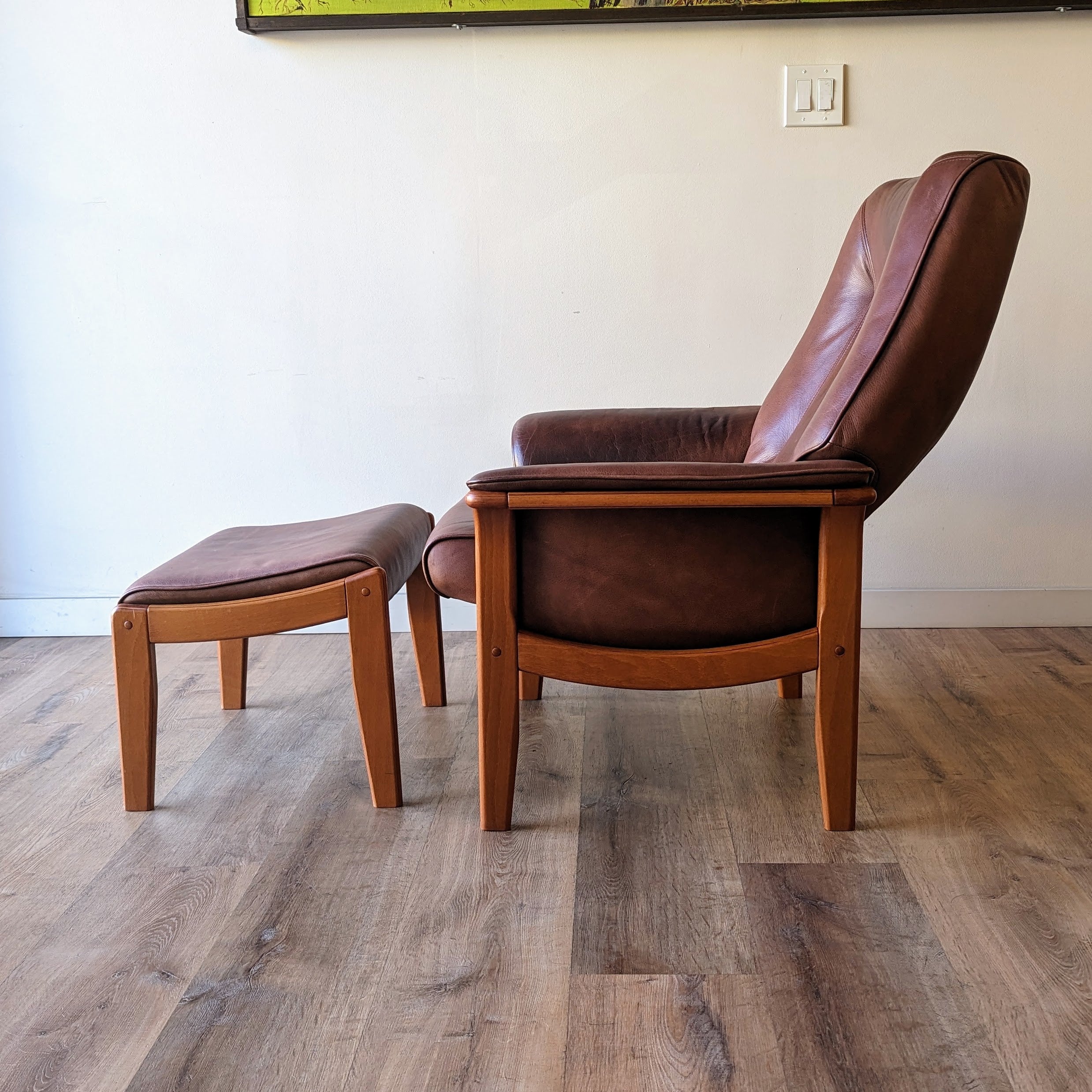 Danish Modern Leather Recliner + Ottoman