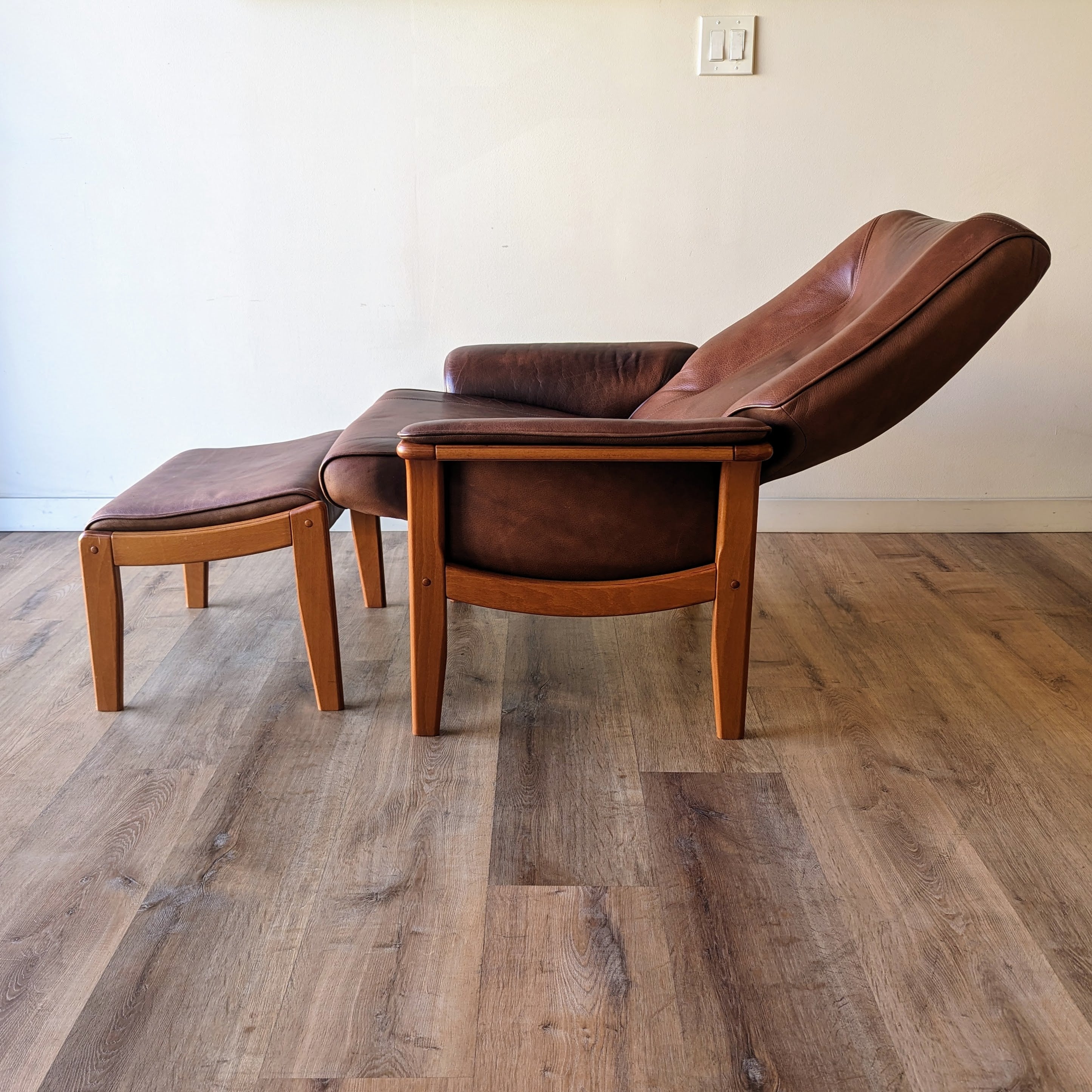 Danish Modern Leather Recliner + Ottoman