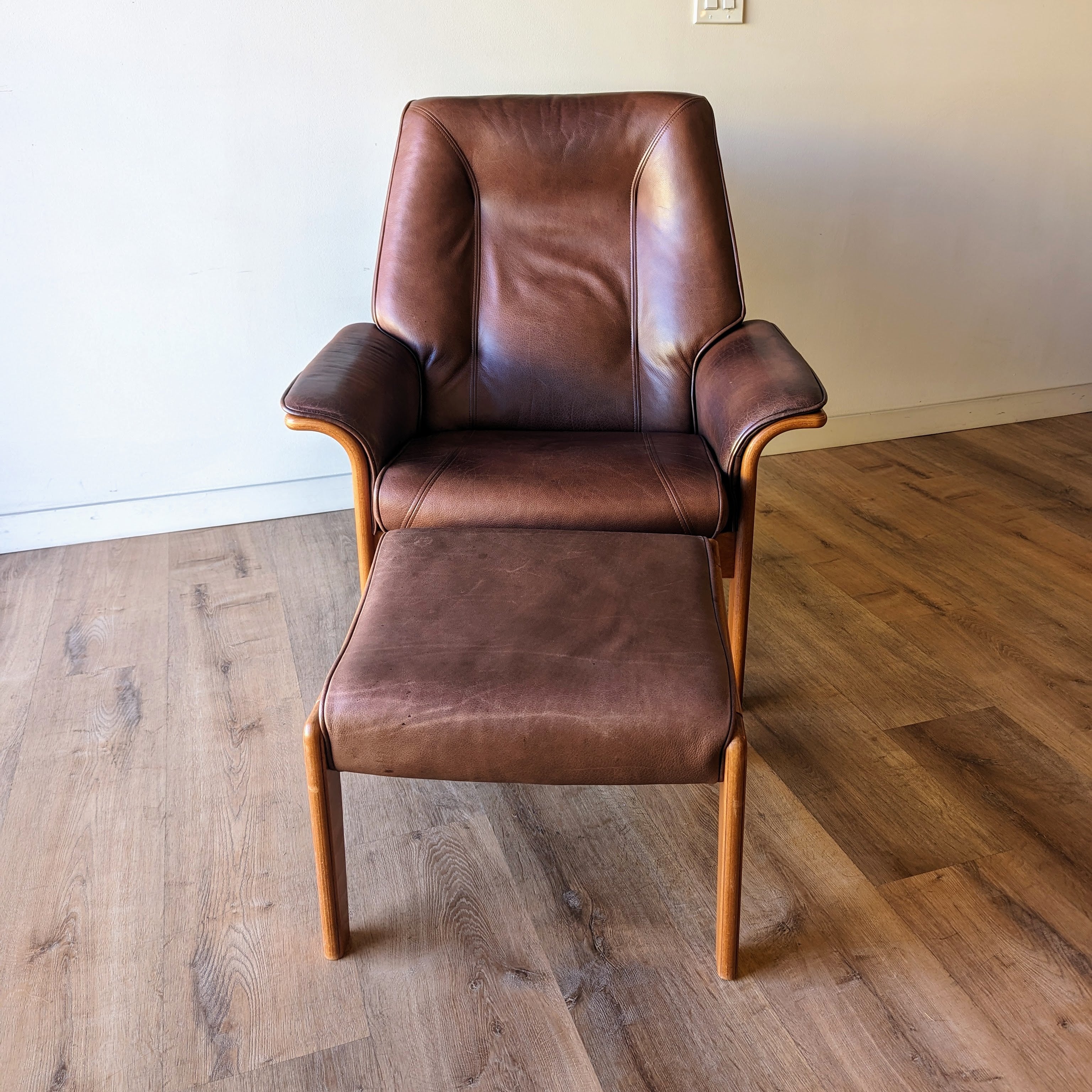 Danish Modern Leather Recliner + Ottoman