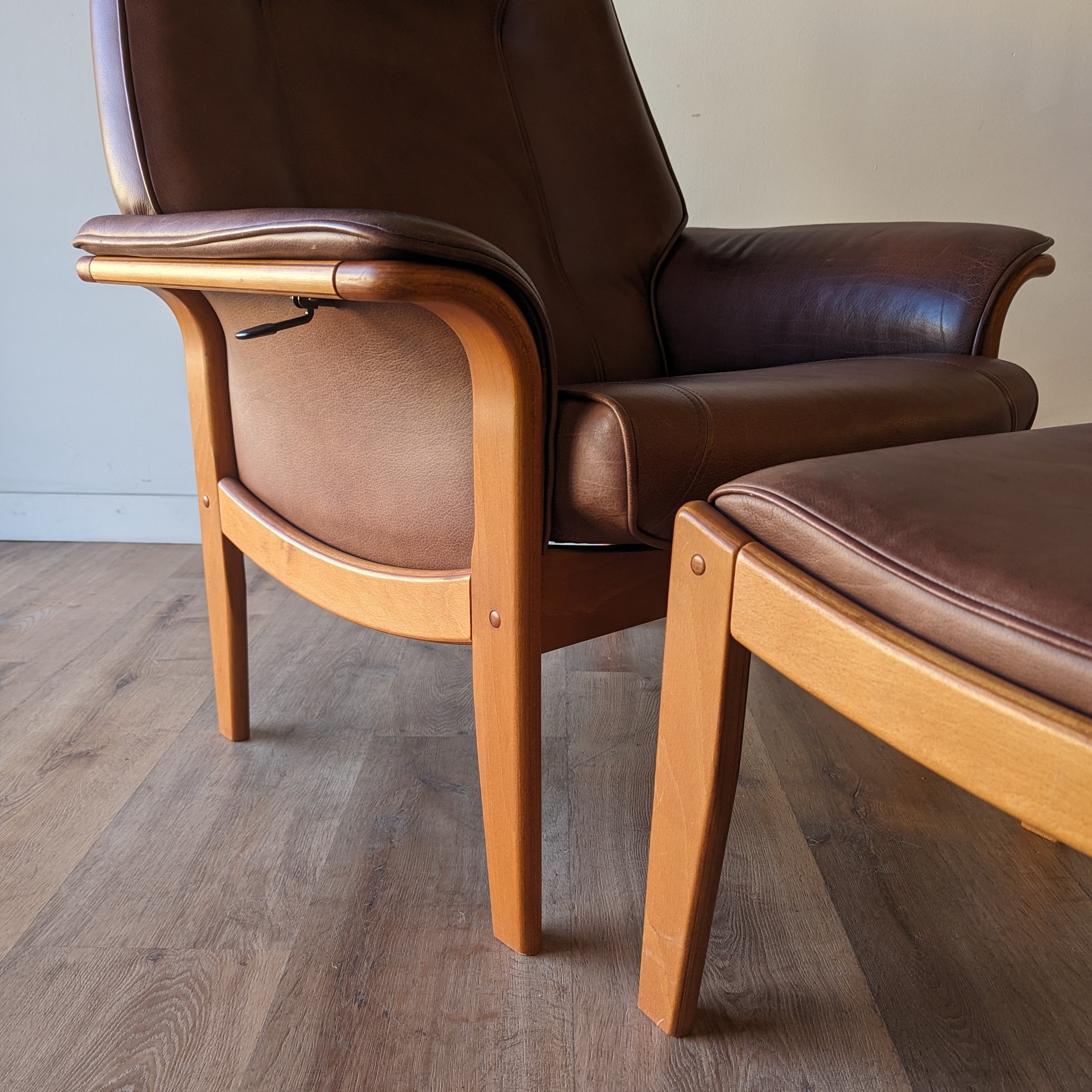 Danish Modern Leather Recliner + Ottoman