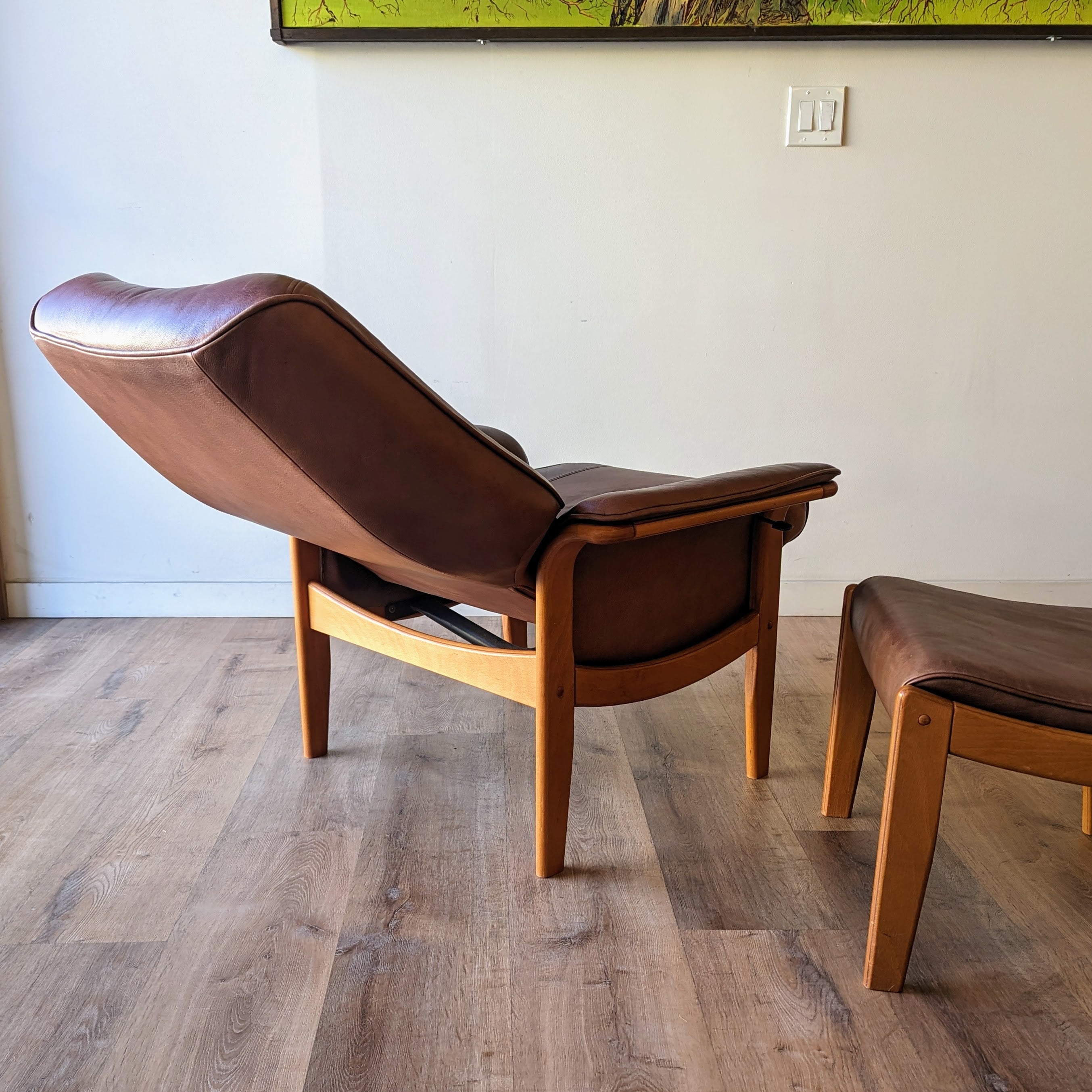 Danish Modern Leather Recliner + Ottoman