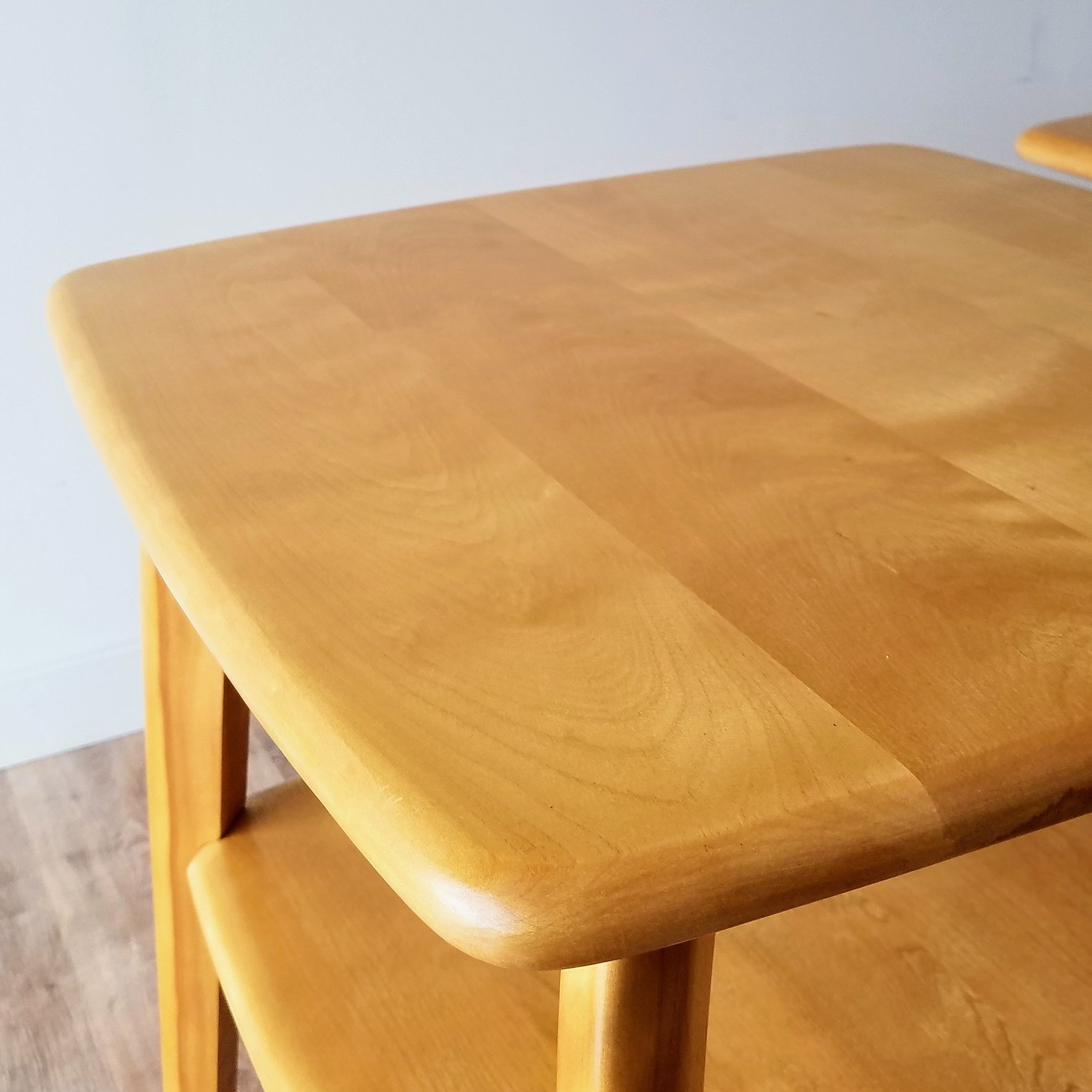 Detail view of 1950s vintage birch lamp tables made by Heywood Wakefield, can be found at SPARKLEBARN, a fine furniture and furnishings store in Seattle,WA.