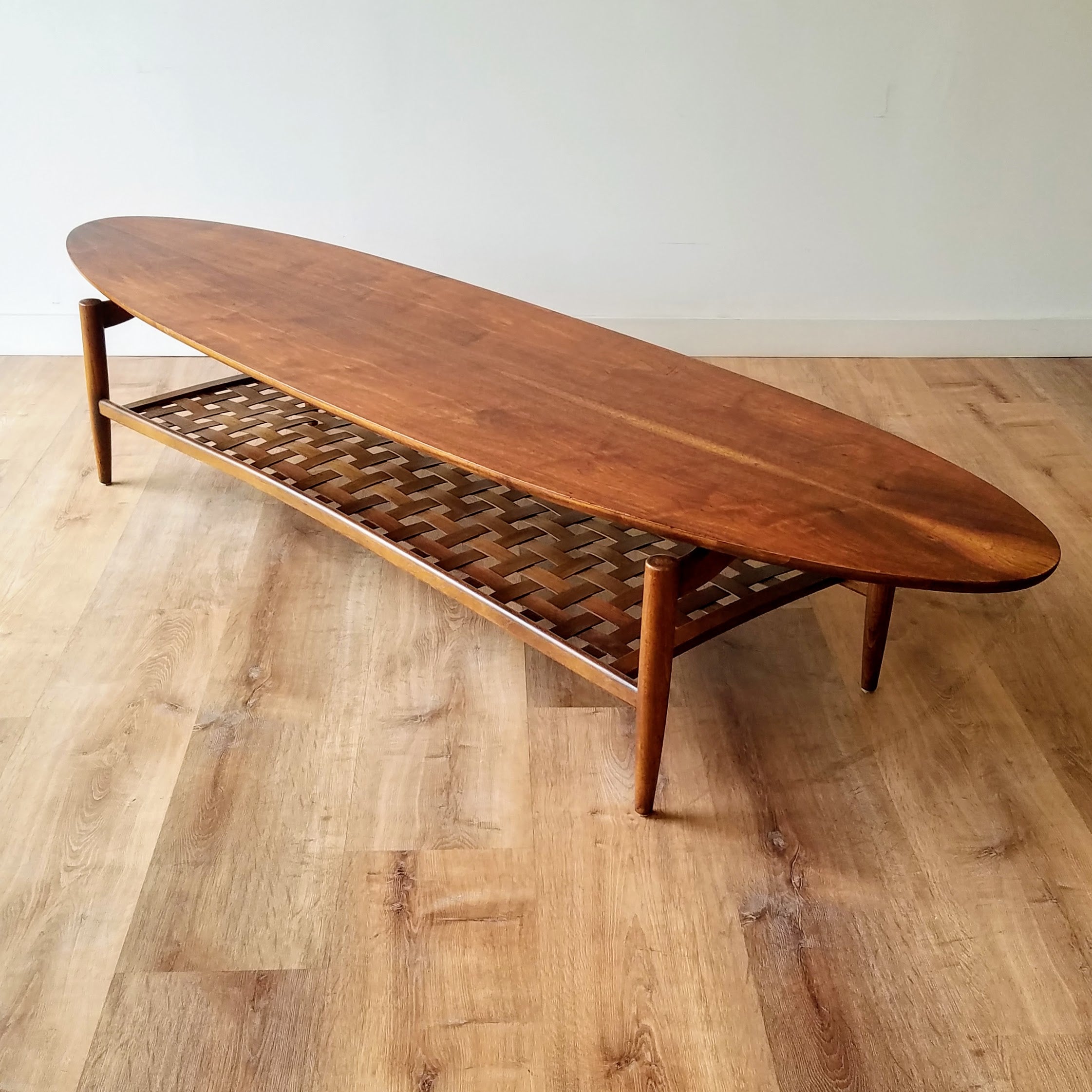 Lane 'Award' Surfboard Coffee Table with Woven Lower Shelf. More Vintage Furniture at SPARKLEBARN in Seattle, WA in Ballard.