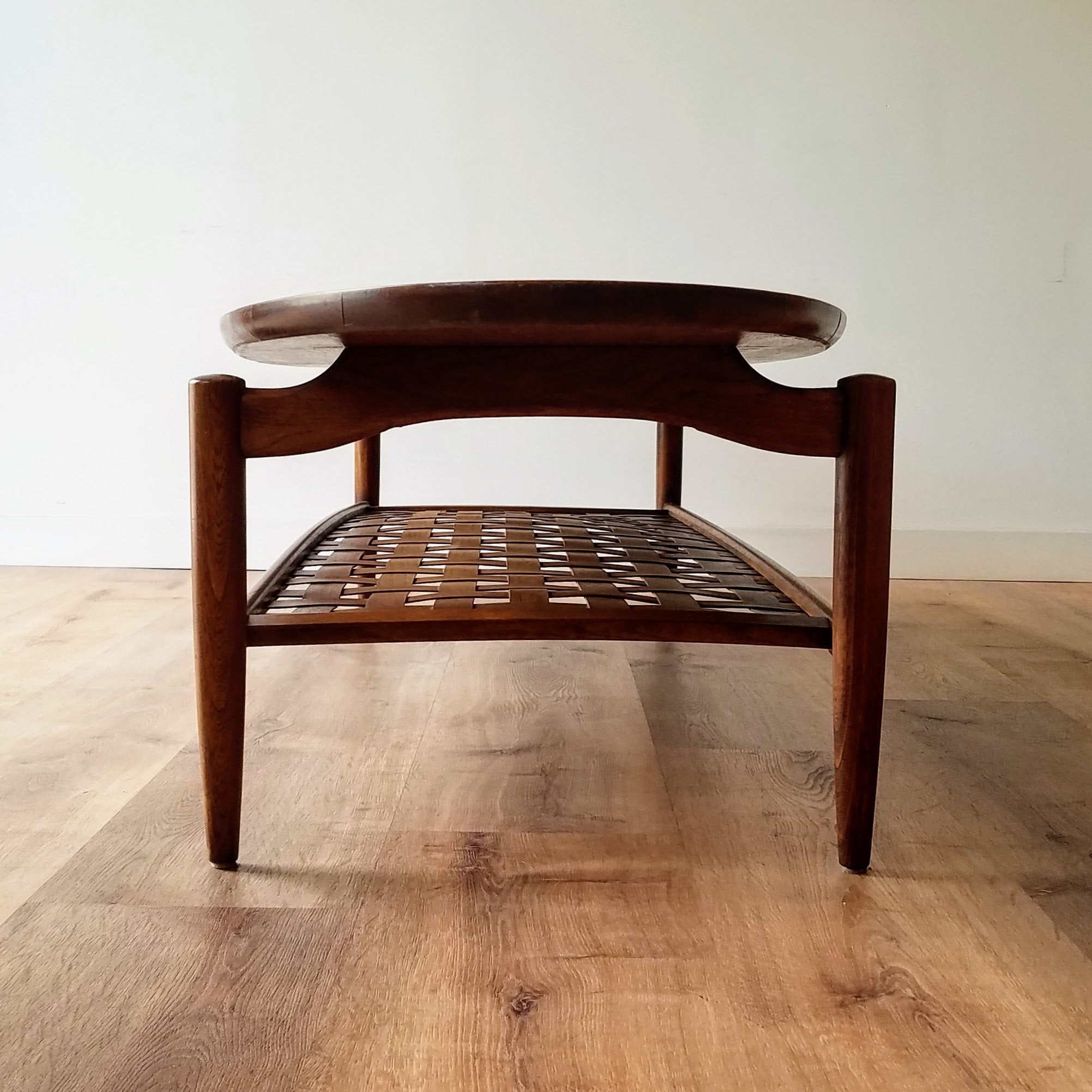 Lane 'Award' Surfboard Coffee Table with Woven Lower Shelf. More Vintage Furniture at SPARKLEBARN in Seattle, WA in Ballard.