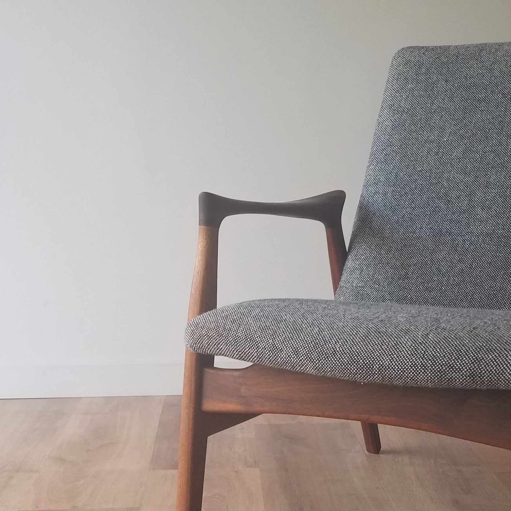 Detail view of Danish Mid-Century Modern Arne Hovmand-Olsen Easy Lounge Chair (model 240) in Seattle, Washington.