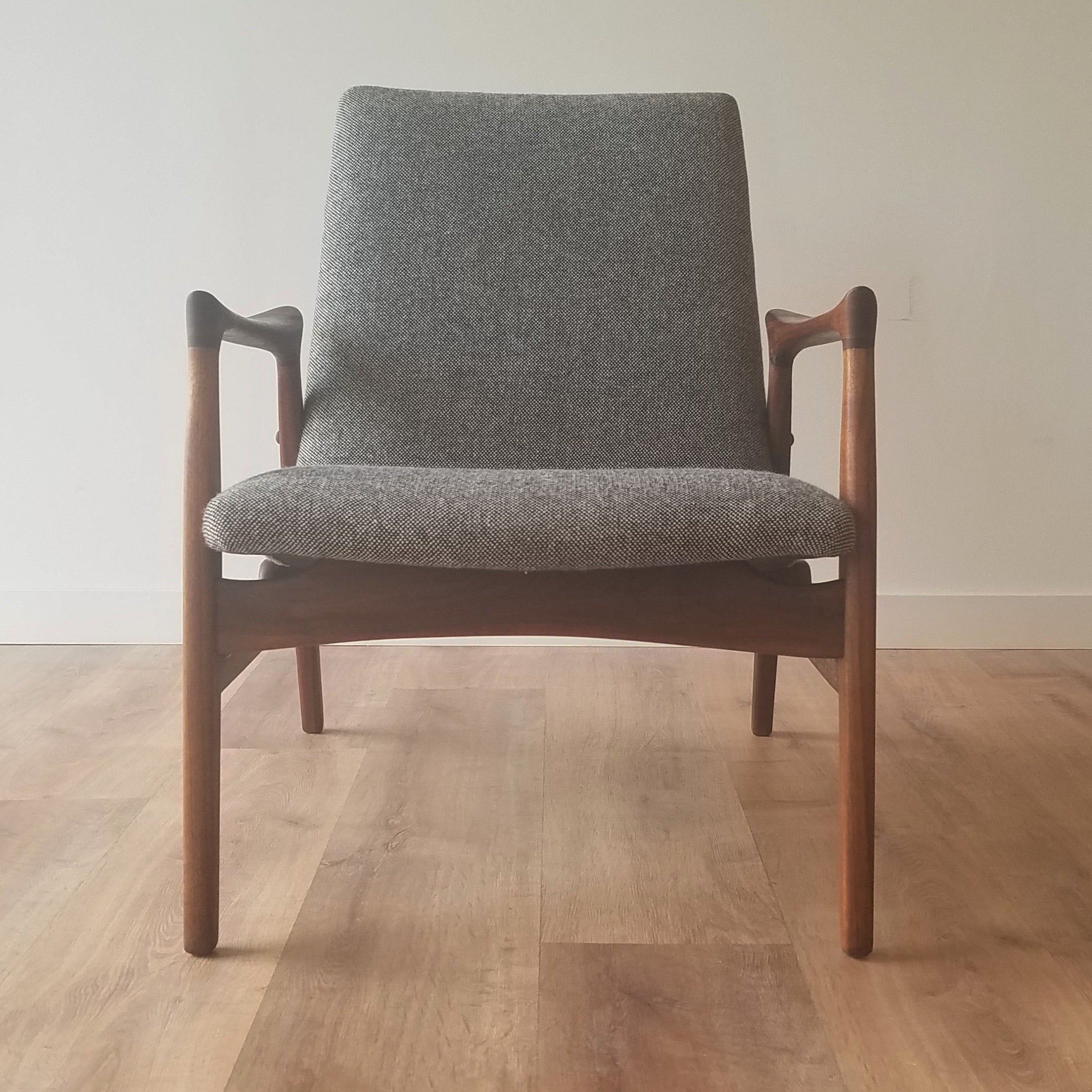 Front view of Danish Mid-Century Modern Arne Hovmand-Olsen Easy Lounge Chair (model 240) in Seattle, Washington.