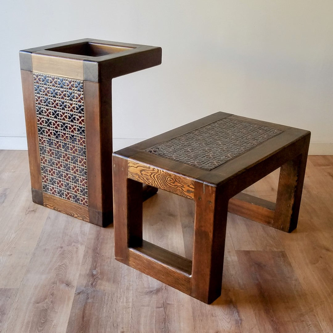 Oak and Tile Side Tables, Set of 2