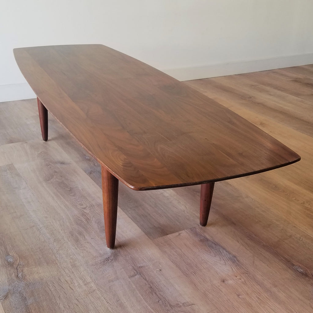 Front Angle view of Vintage American Mid-Century Modern Prelude Walnut Surfboard Coffee Table in Seattle, Washington.
