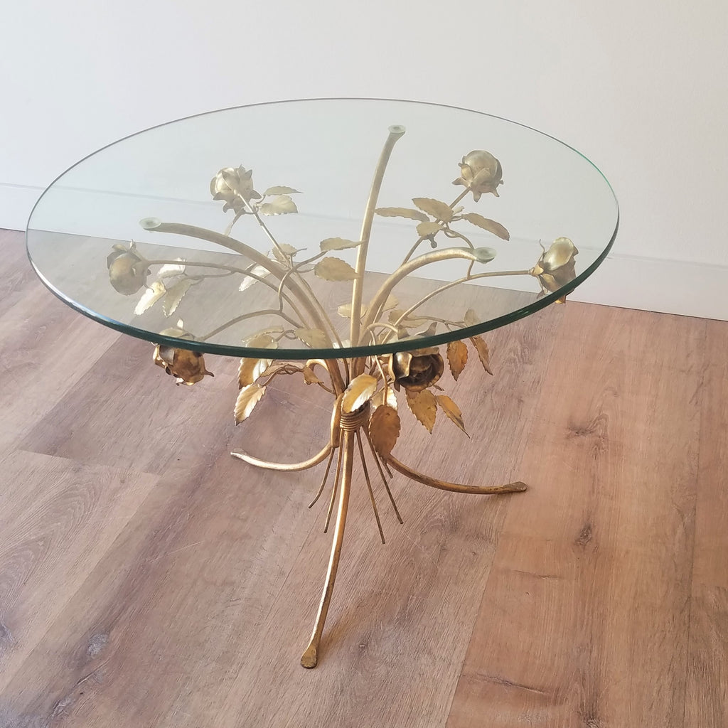 Overview of a Hollywood Regency with Brass Roses and a glass top. This style and other vintage furniture can be found at SPARKLEBARN in Seattle, WA.