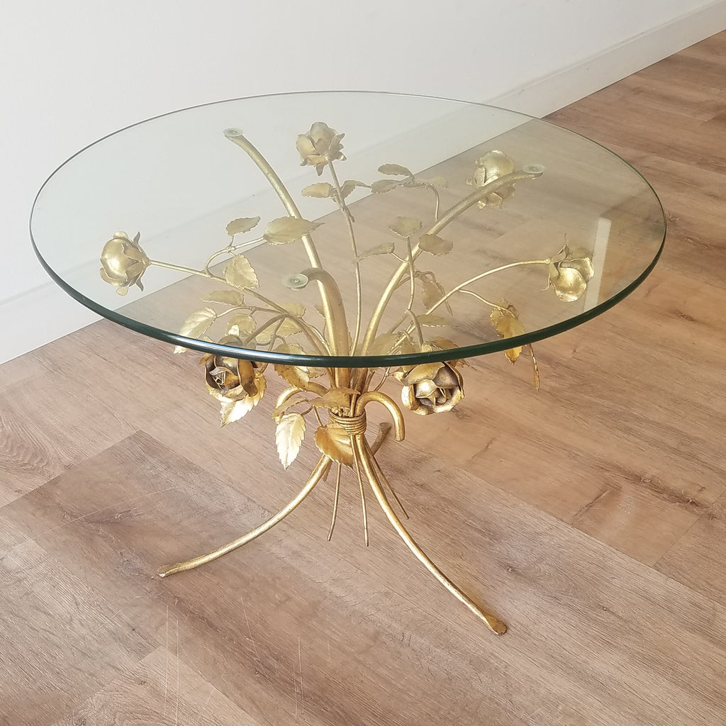 Overview of a Hollywood Regency Side Table with Brass Roses and a glass top. Find this at SPARKLEBARN, a vintage Mid-Century Modern furniture store in Seattle, WA.