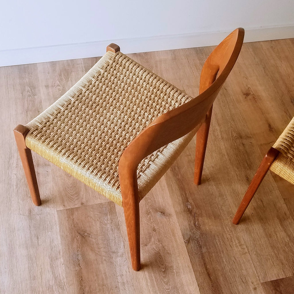 Detail View of a Mid-Century Modern Dining Chairs (Model 71) designed by Niels Moller. Find this and other restored vintage furniture at SPARKLEBARN in Seattle, WA.