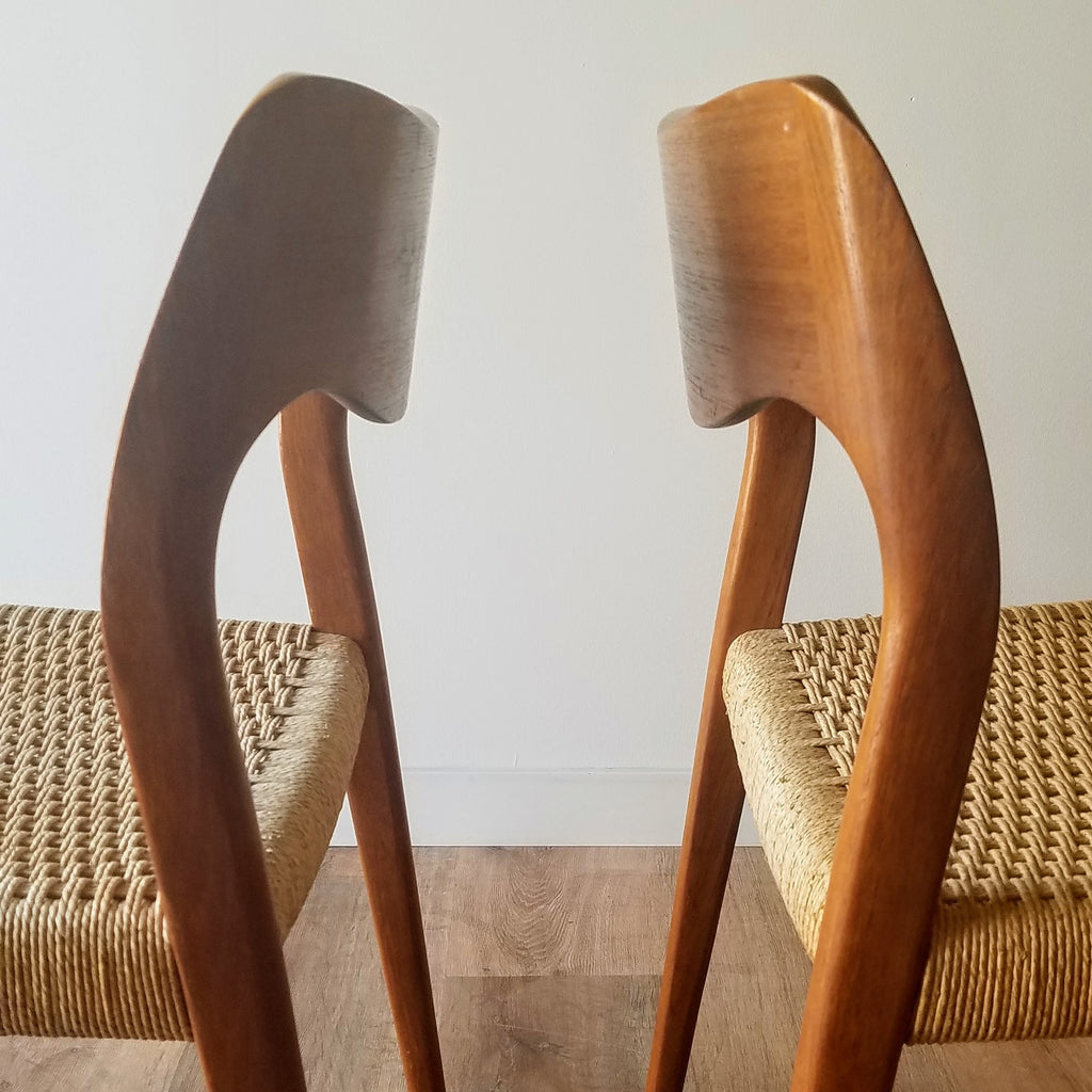 Detail of a  pair of Danish Modern Dining Chairs (Model 71) designed by Niels Moller. Find this and other vintage Scandinavian furniture at SPARKLEBARN in Seattle, WA.