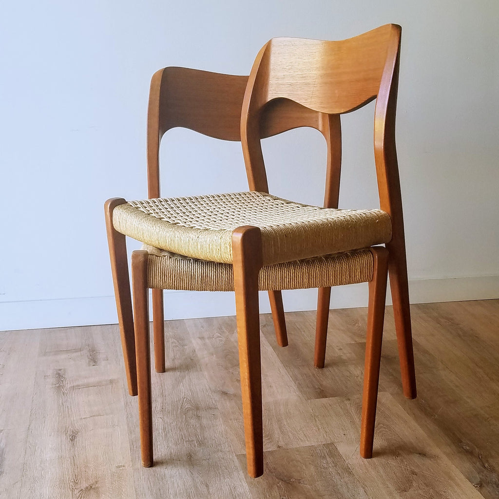 Pair of Mid-Century Modern Dining Chairs (Model 71) designed by Niels Moller. Find this and other Scandinavian furniture at SPARKLEBARN in Seattle, WA.  