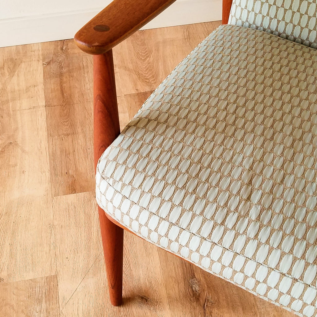Detail View of a Mid-Century Modern Lounge Chair designed by  Peter Hvidt & Orla Molgaard-Nielsen for France and Son. See this chair and other refinished vintage furniture at SPARKLEBARN in Seattle,WA.