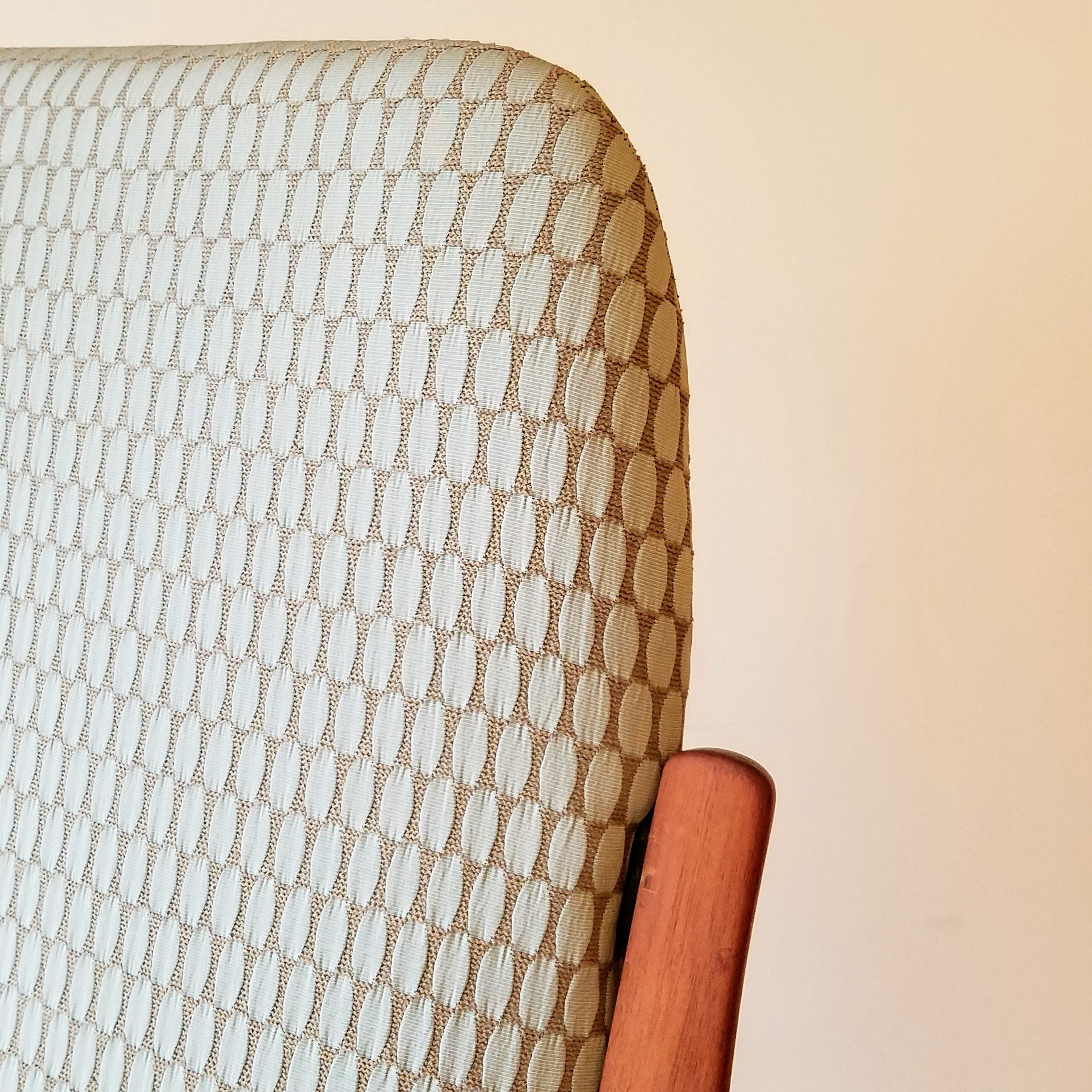 Detail View of a MCM Lounge Chair designed by  Peter Hvidt & Orla Molgaard-Nielsen for France and Son. See this chair and other refinished vintage furniture at SPARKLEBARN in King Country, WA..