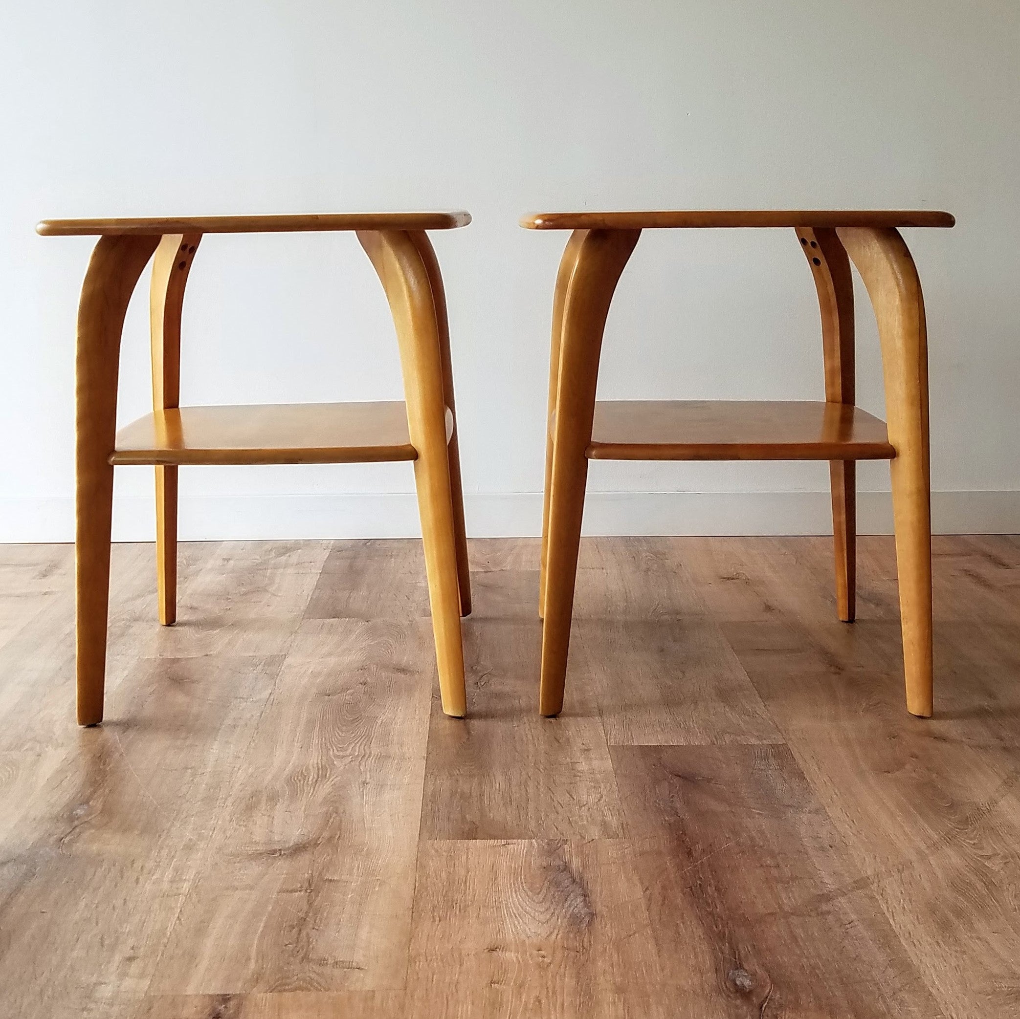 Front on view of 1950s vintage birch lamp tables made by Heywood Wakefield, can be found at SPARKLEBARN, a fine furniture and furnishings store in Seattle,WA.