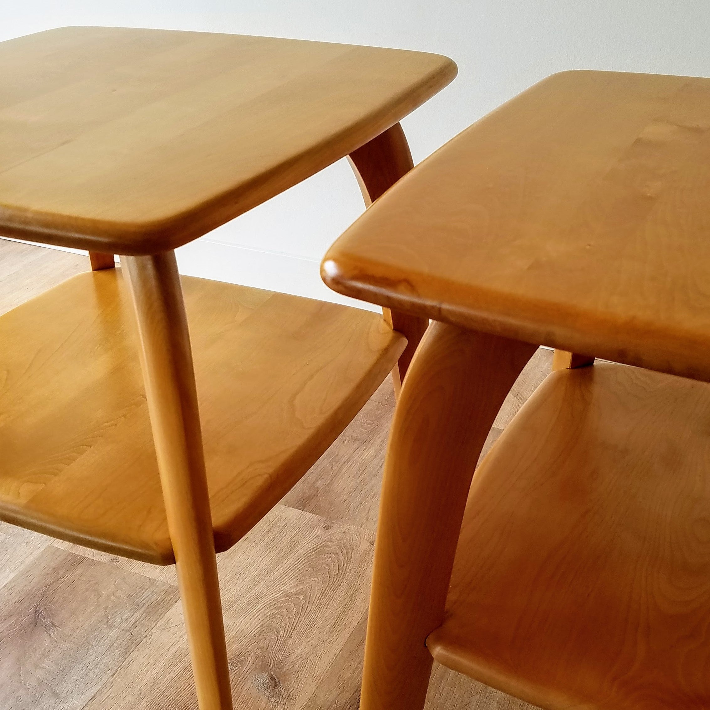 Detail view of 1950s vintage birch lamp tables made by Heywood Wakefield, can be found at SPARKLEBARN, a fine furniture and furnishings store in Seattle,WA.