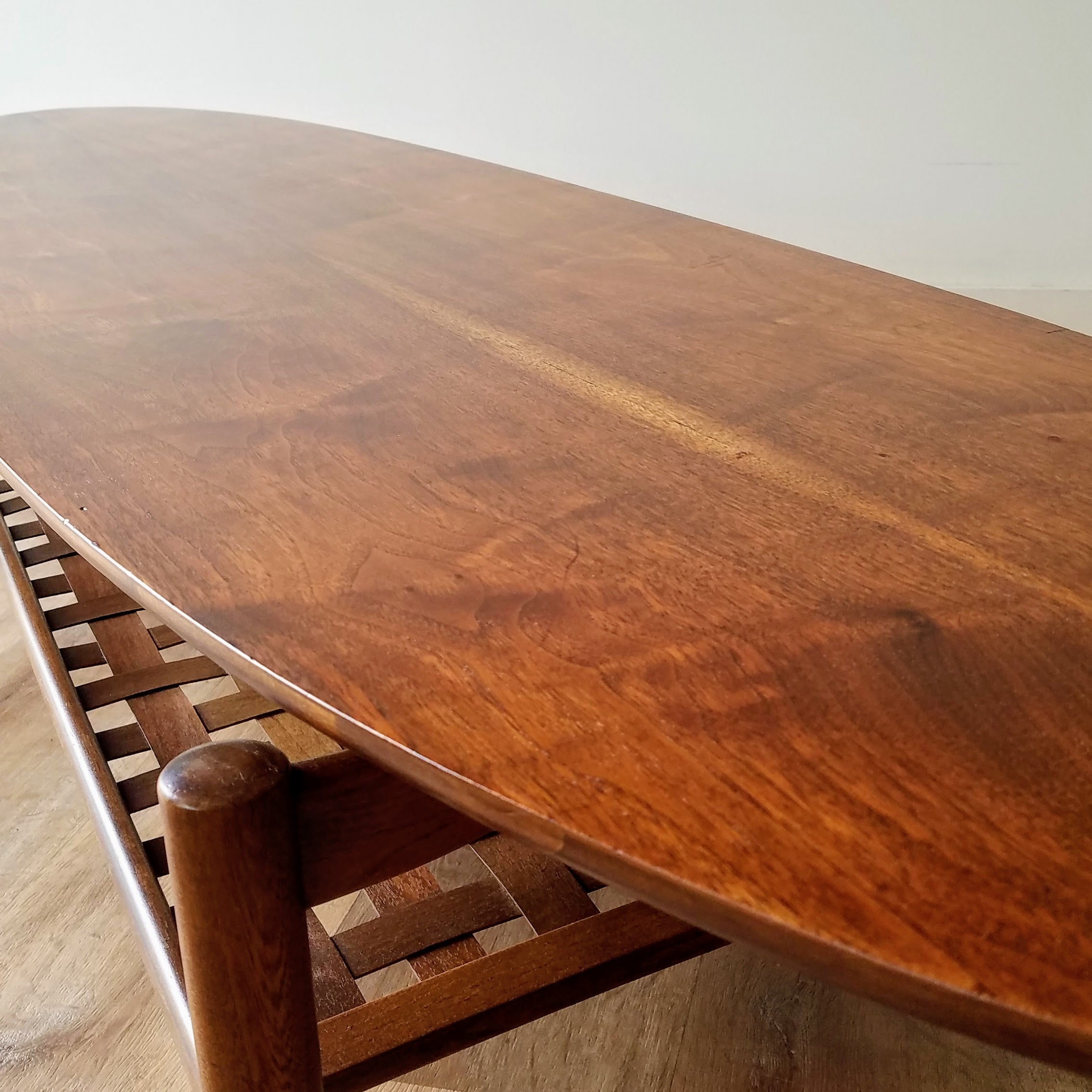 Lane 'Award' Surfboard Coffee Table with Woven Lower Shelf. More Vintage Furniture at SPARKLEBARN in Seattle, WA in Ballard.