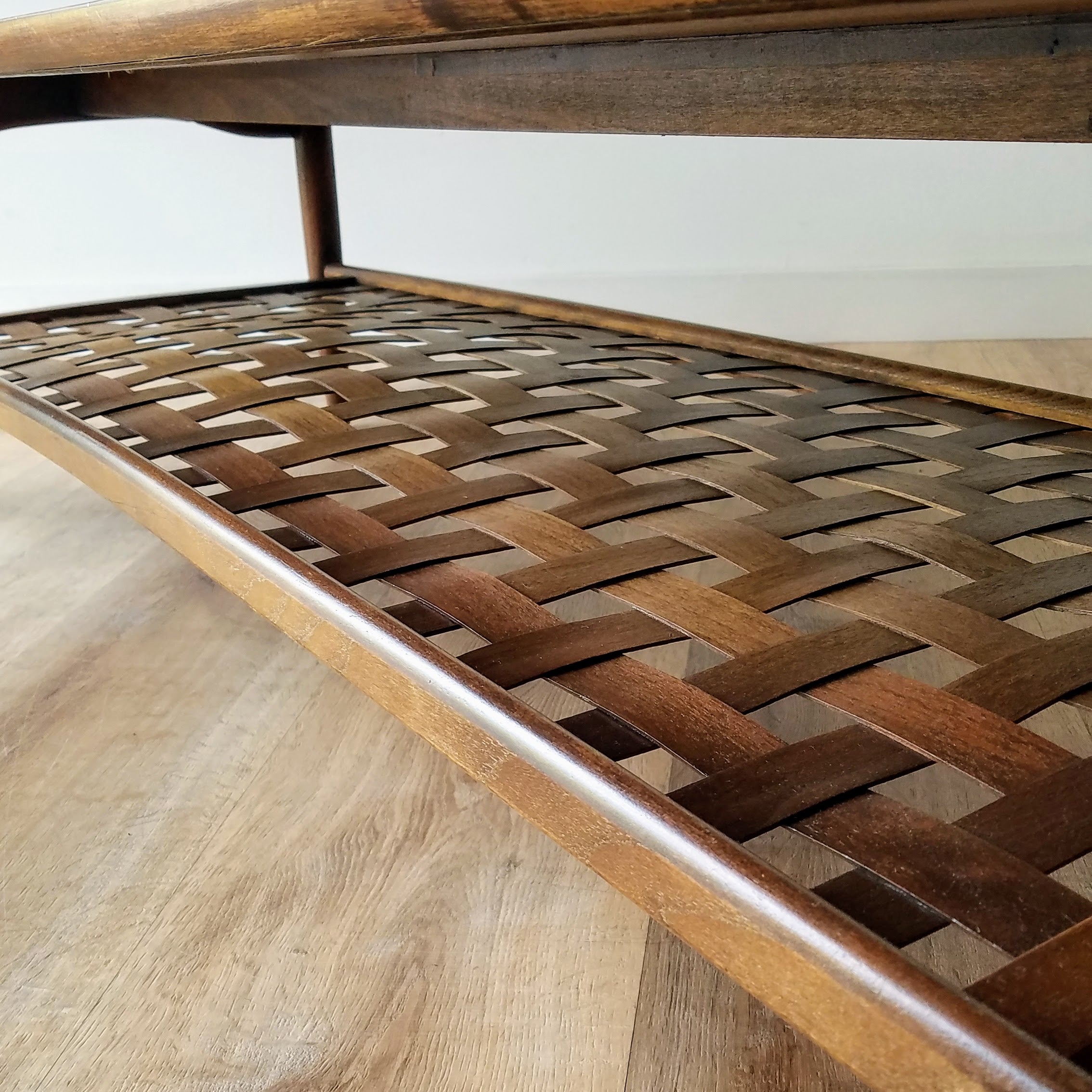 Lane 'Award' Surfboard Coffee Table with Woven Lower Shelf. More Vintage Furniture at SPARKLEBARN in Seattle, WA in Ballard.