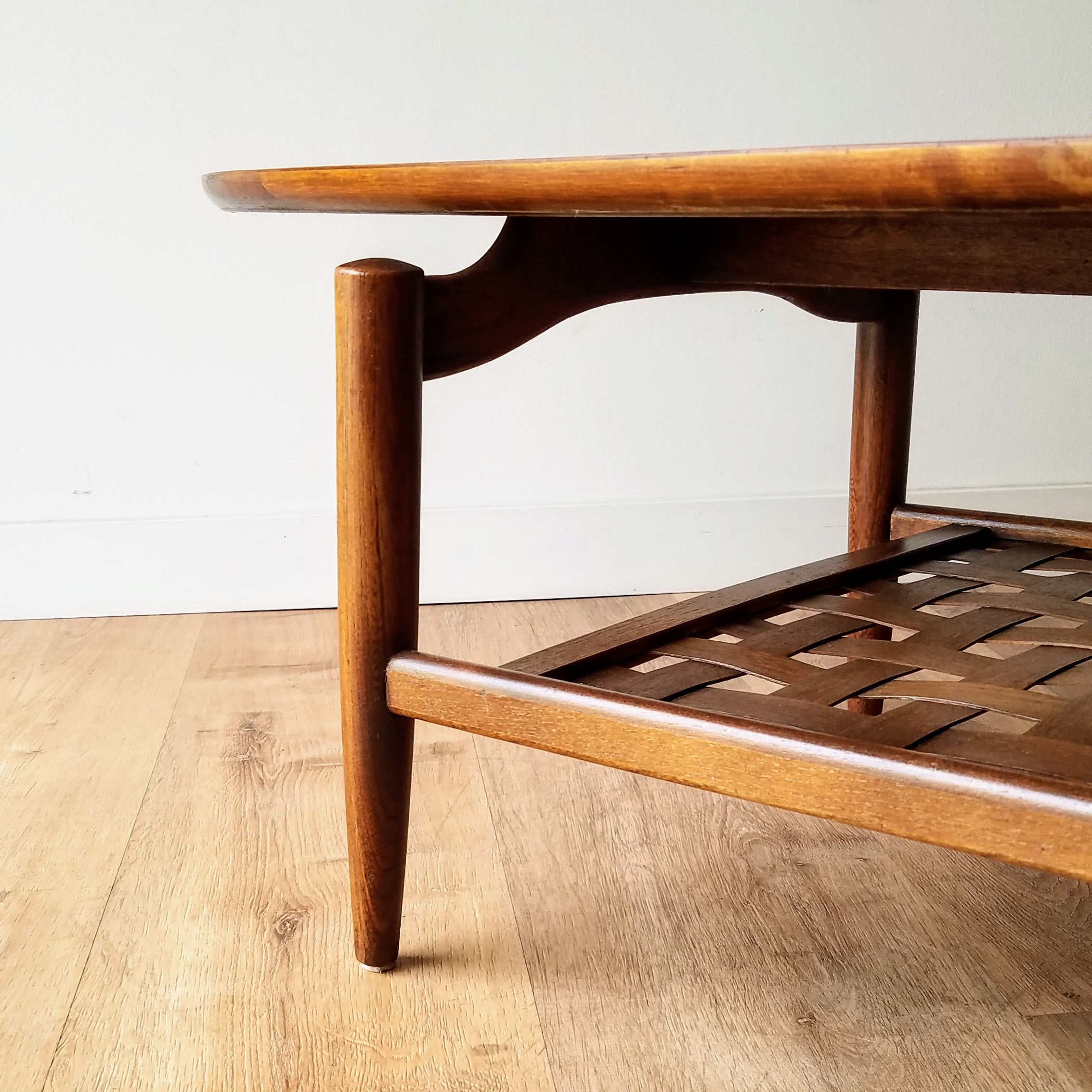 Lane 'Award' Surfboard Coffee Table with Woven Lower Shelf. More Vintage Furniture at SPARKLEBARN in Seattle, WA in Ballard.