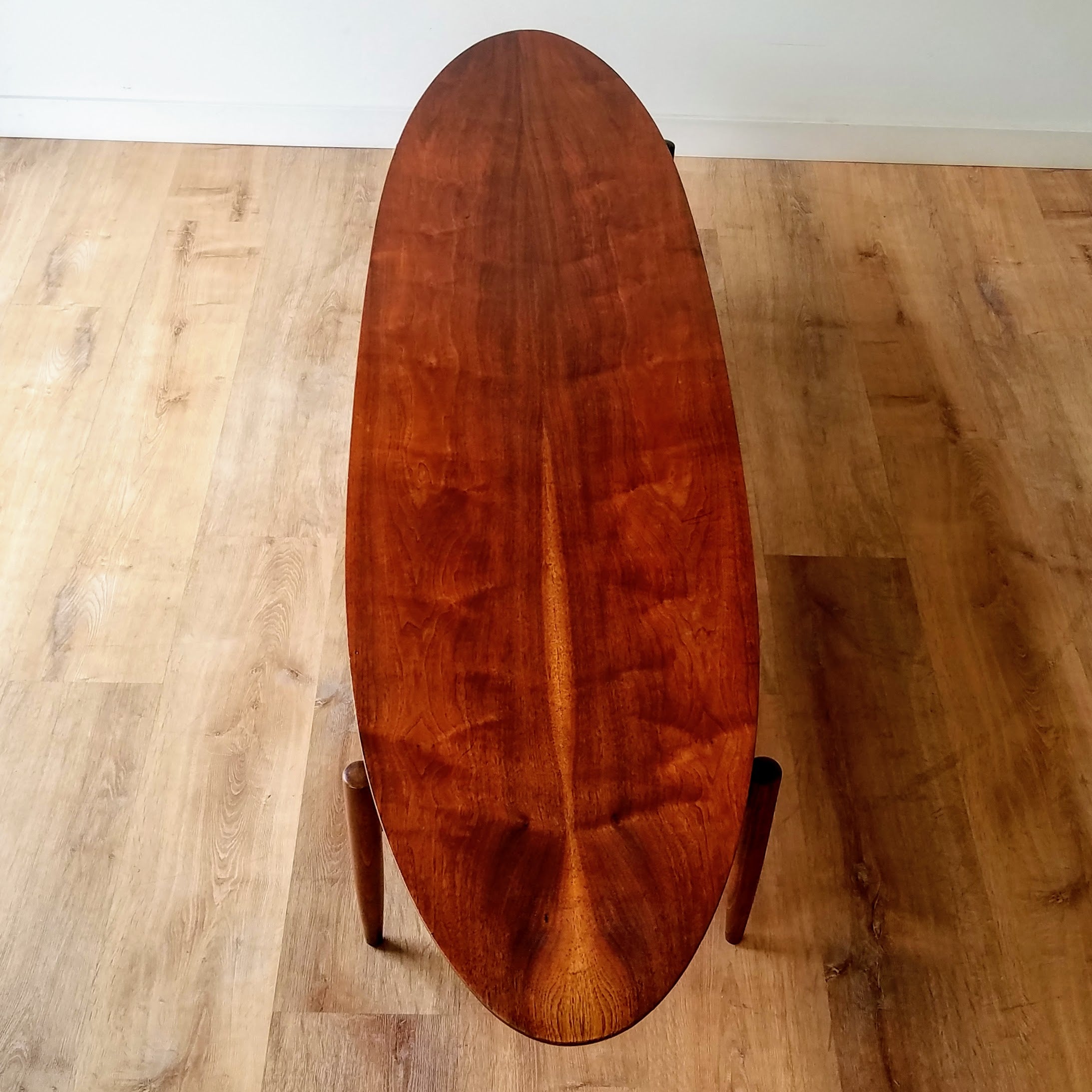 Lane 'Award' Surfboard Coffee Table with Woven Lower Shelf. More Vintage Furniture at SPARKLEBARN in Seattle, WA in Ballard.