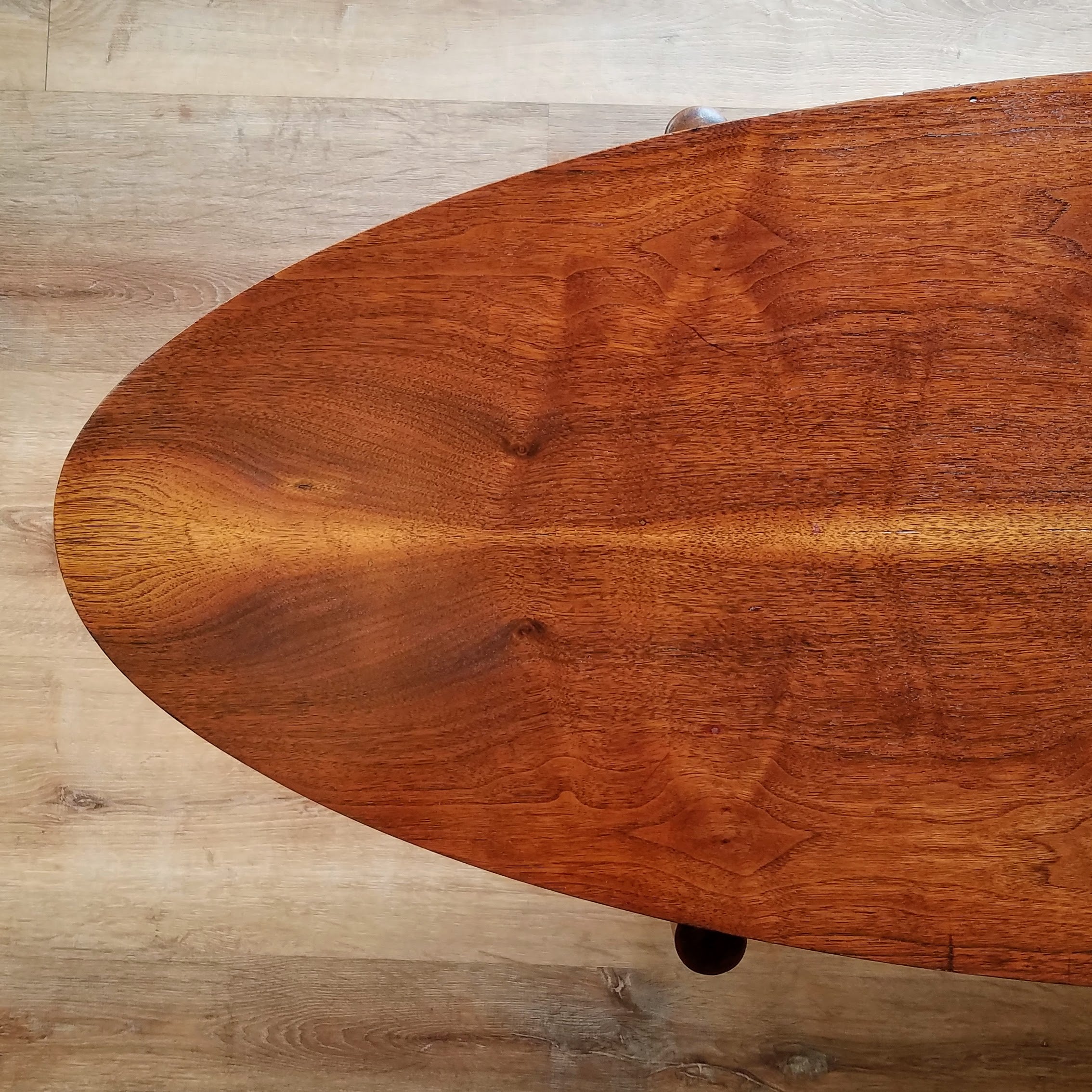 Lane 'Award' Surfboard Coffee Table with Woven Lower Shelf. More Vintage Furniture at SPARKLEBARN in Seattle, WA in Ballard.