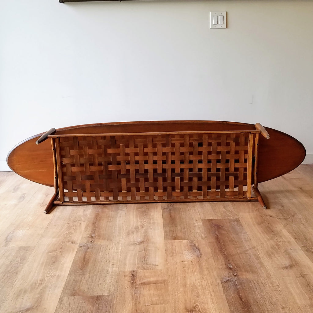 Lane 'Award' Surfboard Coffee Table with Woven Lower Shelf. More Vintage Furniture at SPARKLEBARN in Seattle, WA in Ballard.